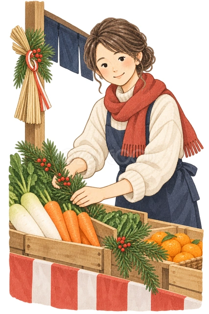 店先を整える女性の水彩イラスト