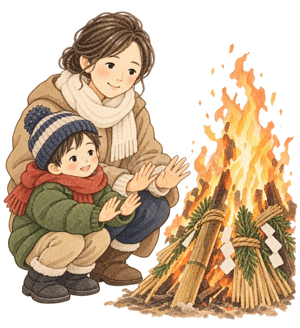 火を囲む親子の水彩イラスト