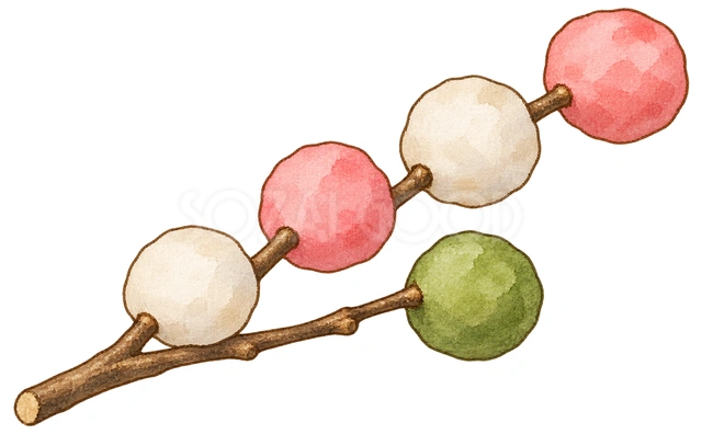 枝につけた団子の水彩イラスト