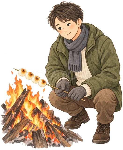 団子を焼く男性の水彩イラスト