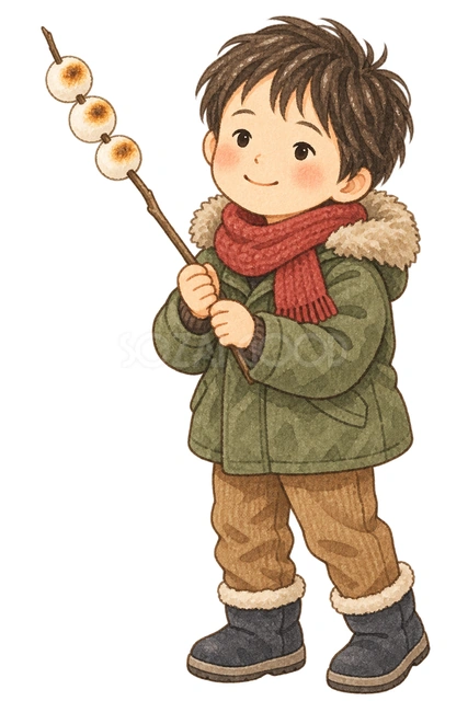 団子を持つ子どもの水彩イラスト