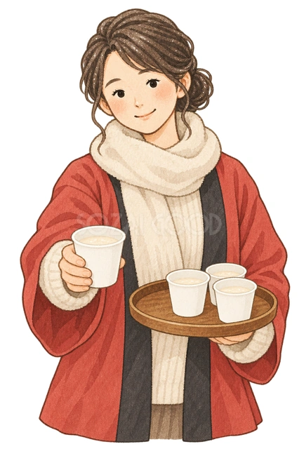 甘酒を配る女性の水彩イラスト