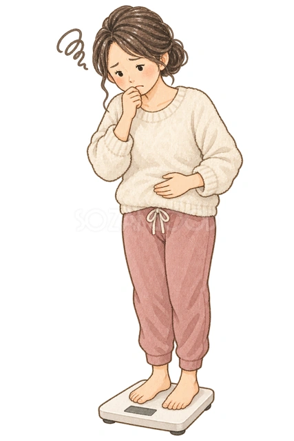 体重計を見て困る女性の水彩イラスト