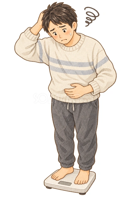 体重計を見て困る男性の水彩イラスト