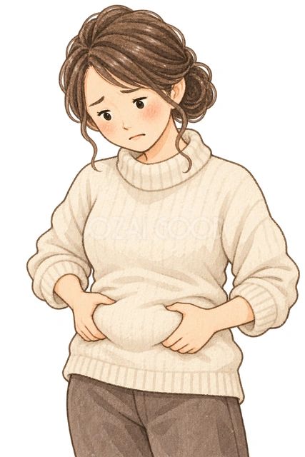 お腹を気にする女性の水彩イラスト