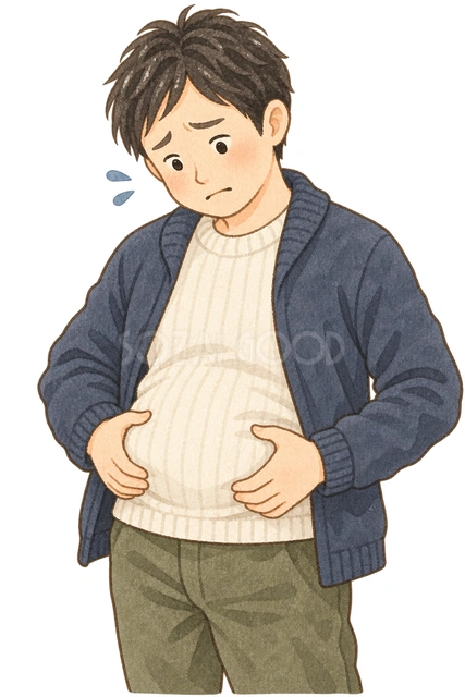 お腹を気にする男性の水彩イラスト
