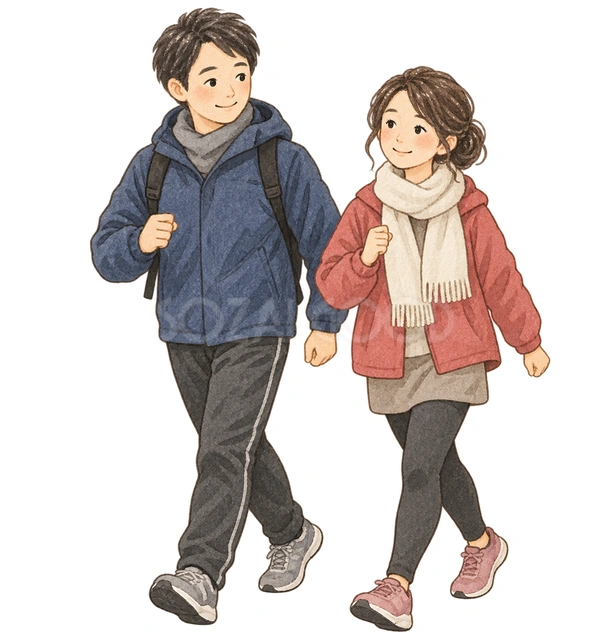 散歩を始める夫婦の水彩イラスト