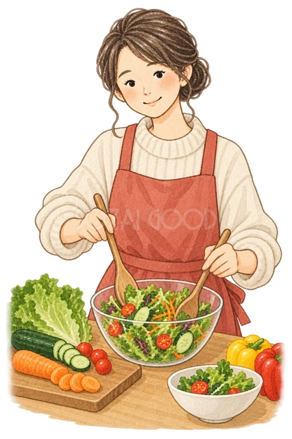 野菜の食事を用意する女性の水彩イラスト
