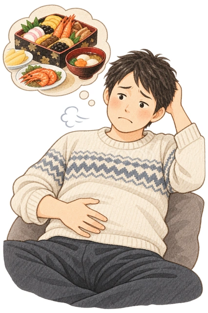 食べ過ぎを振り返る男性の水彩イラスト