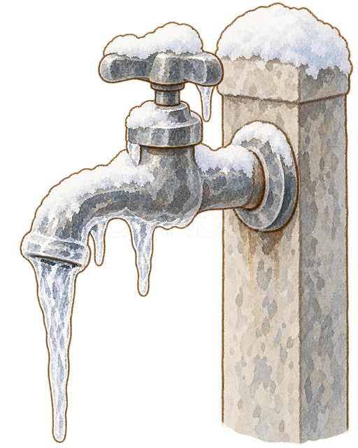 凍った屋外蛇口の水彩イラスト
