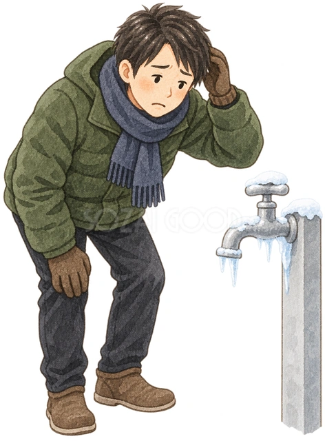 蛇口を見て困る男性の水彩イラスト