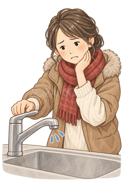 水が出ず困る女性の水彩イラスト