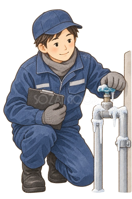 水道管を点検する作業員の水彩イラスト