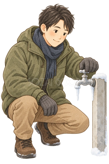 空き家の水道を確認する男性の水彩イラスト