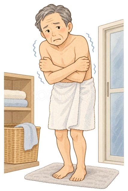 寒い脱衣所の高齢男性の水彩イラスト