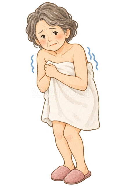 寒い脱衣所の高齢女性の水彩イラスト
