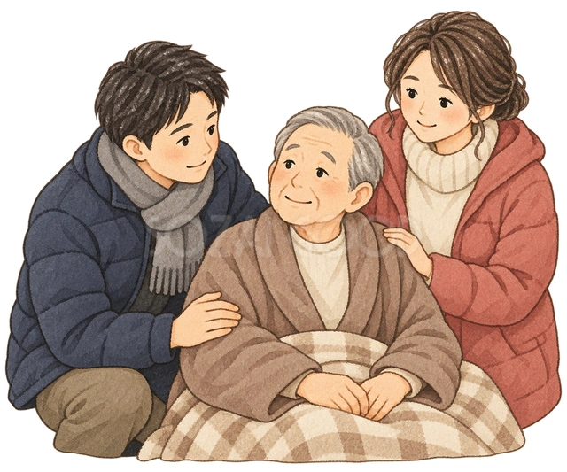 見守る家族と高齢男性の水彩イラスト
