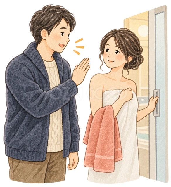 入浴前に声をかける夫婦の水彩イラスト
