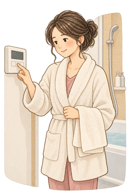 浴室の温度を確認する女性の水彩イラスト