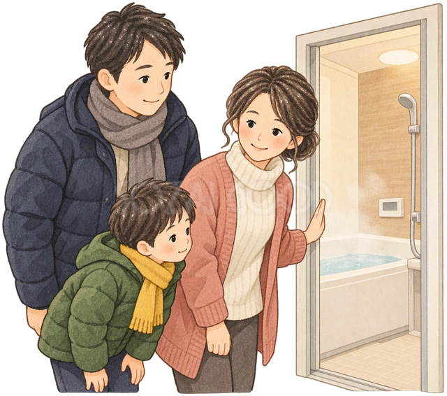 浴室を確認する家族の水彩イラスト