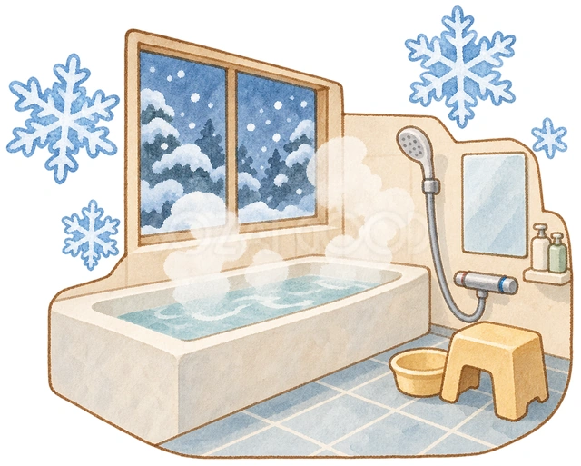 冬の浴室と雪の結晶の水彩イラスト