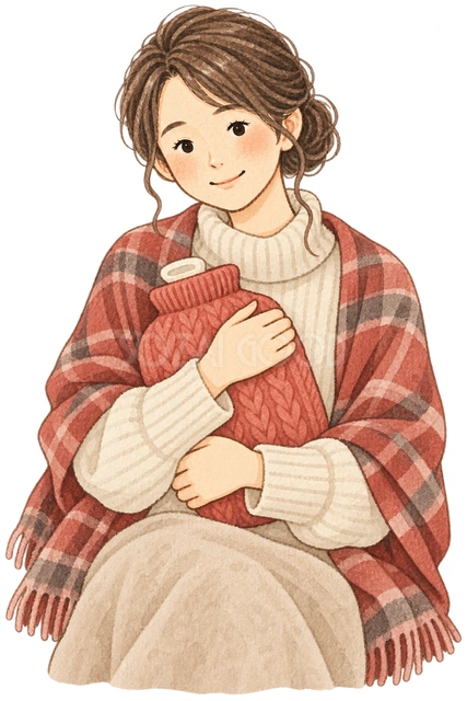 湯たんぽを抱く女性の水彩イラスト