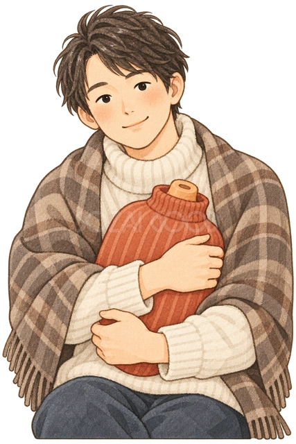 湯たんぽを抱く男性の水彩イラスト