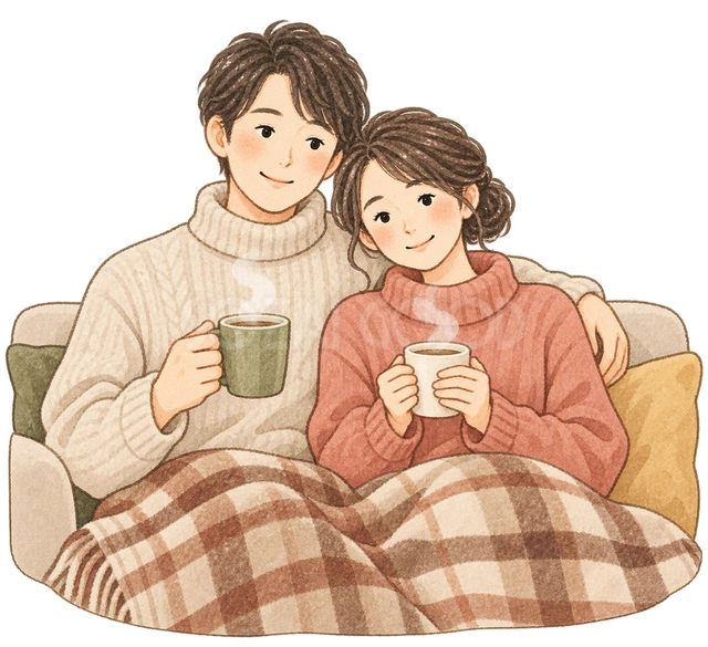 冬の部屋でくつろぐ夫婦の水彩イラスト