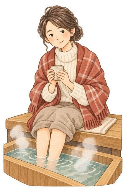 足湯をする女性の水彩イラスト