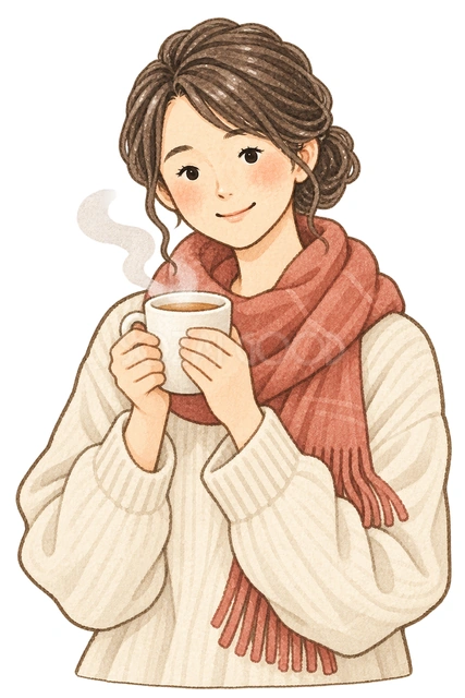 温かい飲み物を持つ女性の水彩イラスト