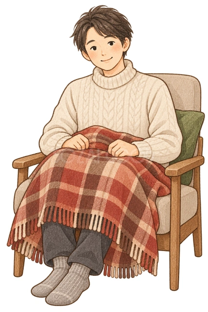 膝掛けを使う男性の水彩イラスト