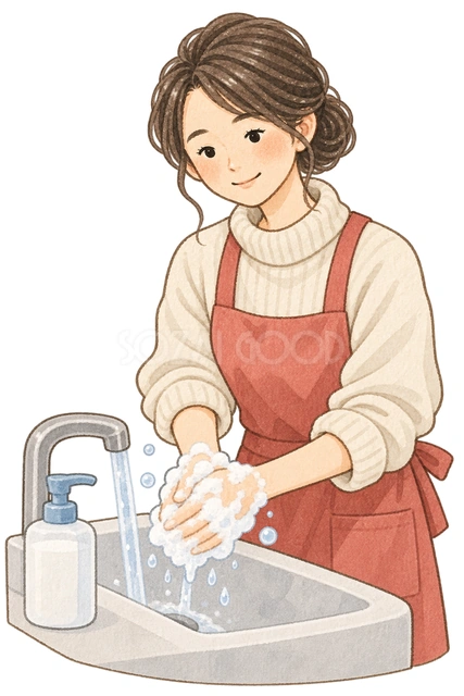 石けんで手を洗う女性の水彩イラスト