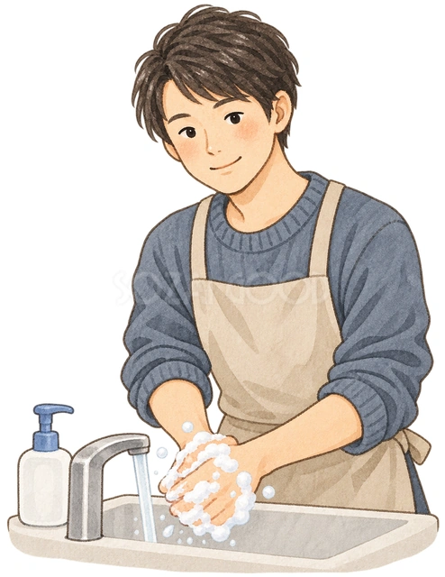 石けんで手を洗う男性の水彩イラスト