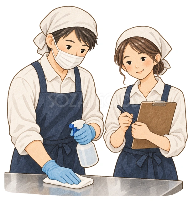 衛生管理を確認する店員二人の水彩イラスト