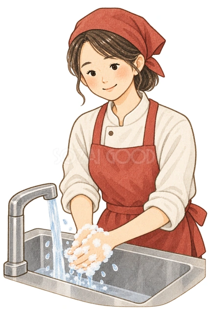 調理前に手を洗う店員の水彩イラスト