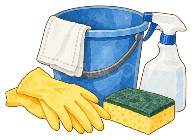 無地の清掃用品一式の水彩イラスト