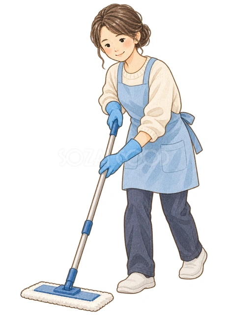 床を清掃する職員の水彩イラスト