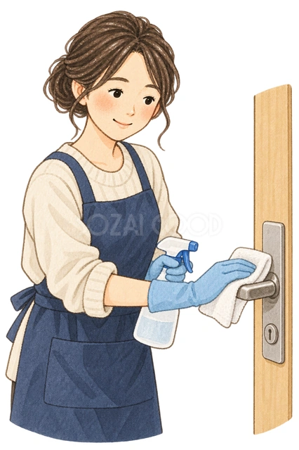 取っ手を拭く職員の水彩イラスト