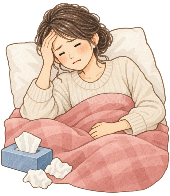 体調不良で休む女性の水彩イラスト