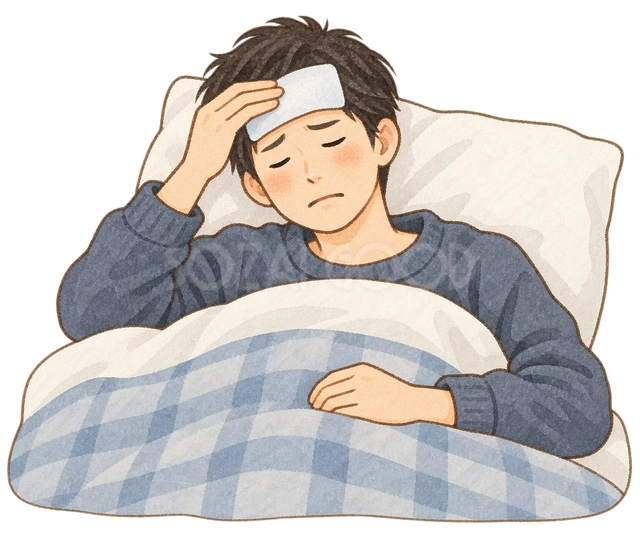 体調不良で休む男性の水彩イラスト