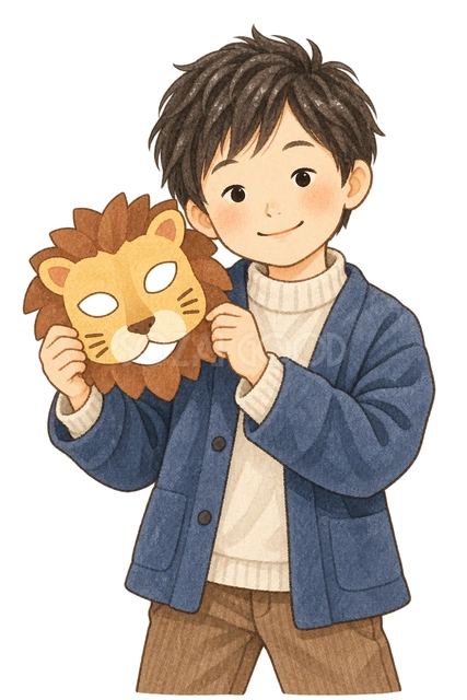 劇のお面を持つ男の子の水彩イラスト