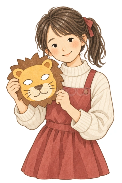 劇のお面を持つ女の子の水彩イラスト