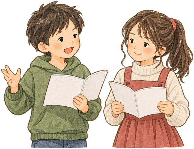 台詞を練習する子ども二人の水彩イラスト