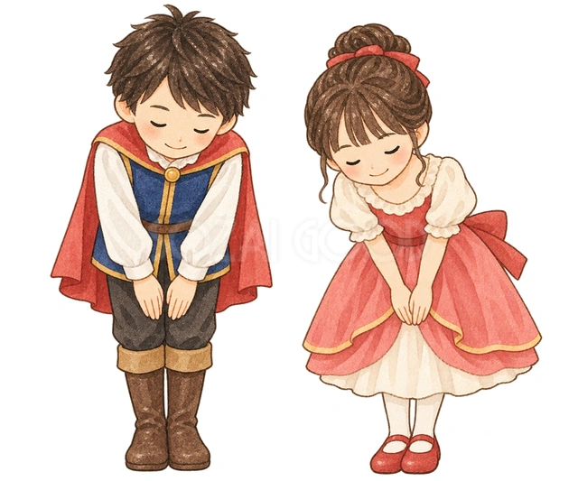 舞台でお辞儀する子ども二人の水彩イラスト