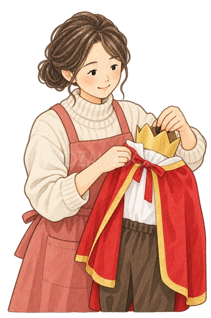 衣装を整える先生の水彩イラスト