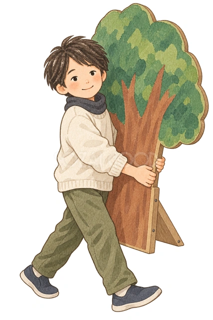 大道具の木を運ぶ子どもの水彩イラスト