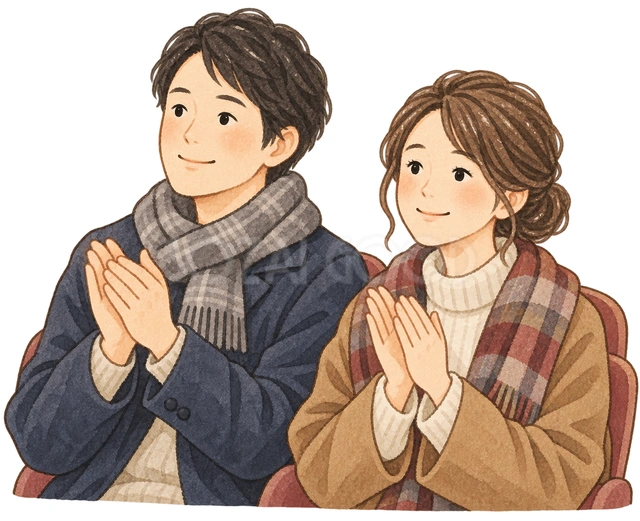 劇を見る保護者二人の水彩イラスト