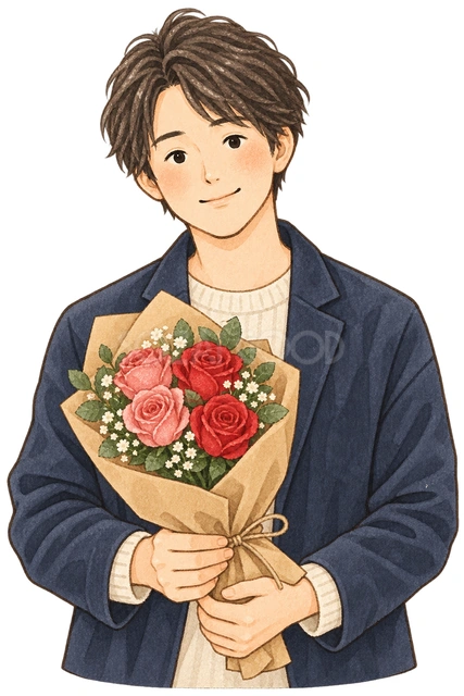 花束を贈る夫の水彩イラスト
