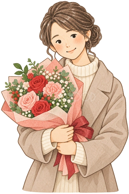花束を受け取る妻の水彩イラスト