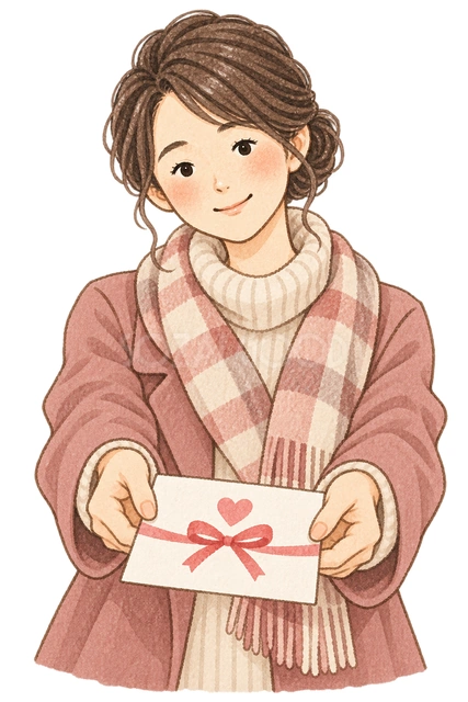 感謝のカードを渡す妻の水彩イラスト